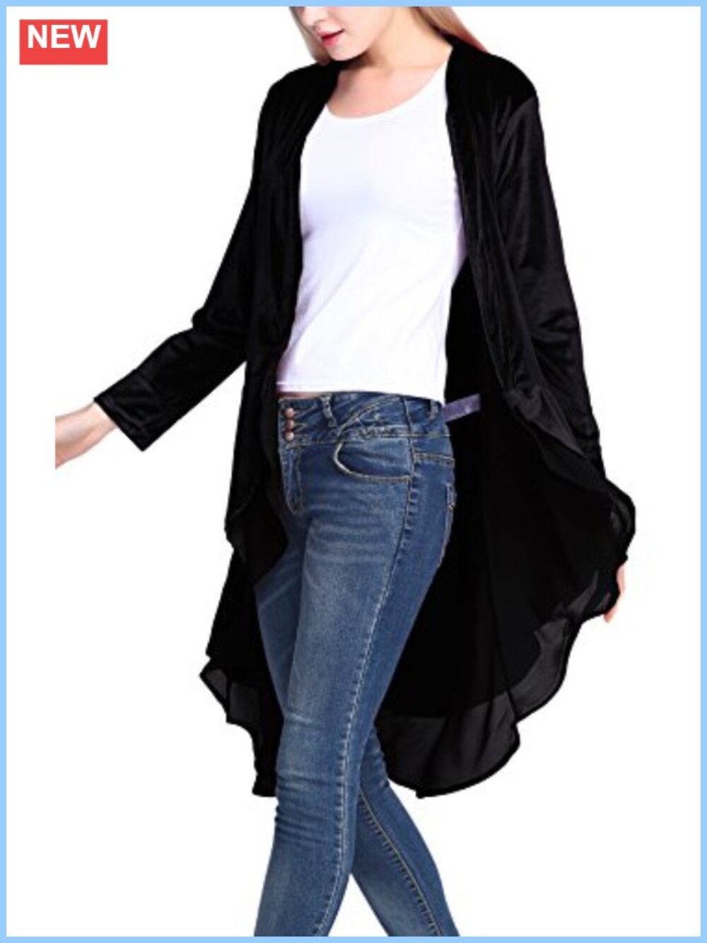 Women's Velvet Open Front Cardigan Coat Asymmetric Chiffon Hem Long Sleeve